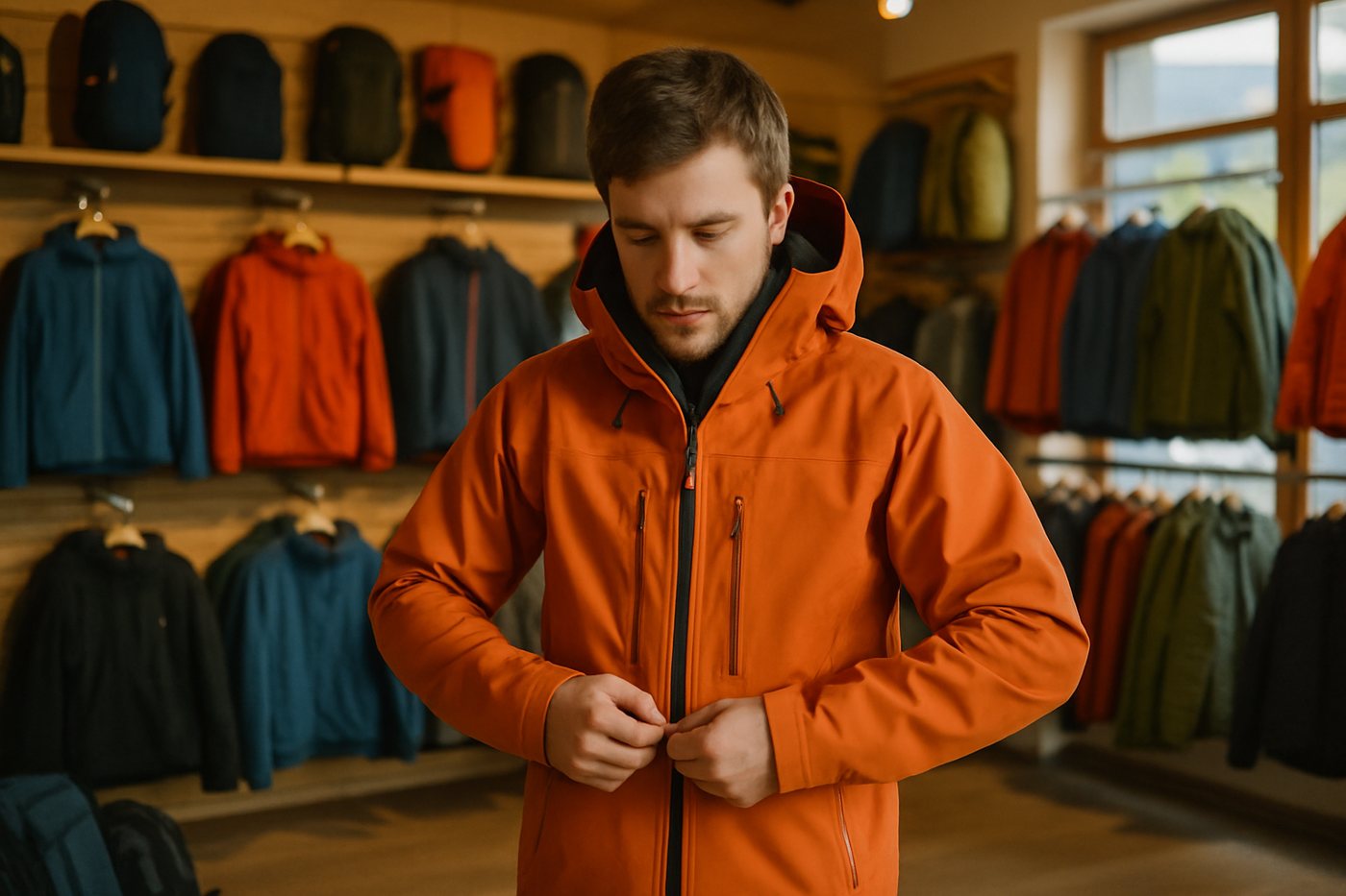 A customer trying on an outdoor jacket in a sports shop