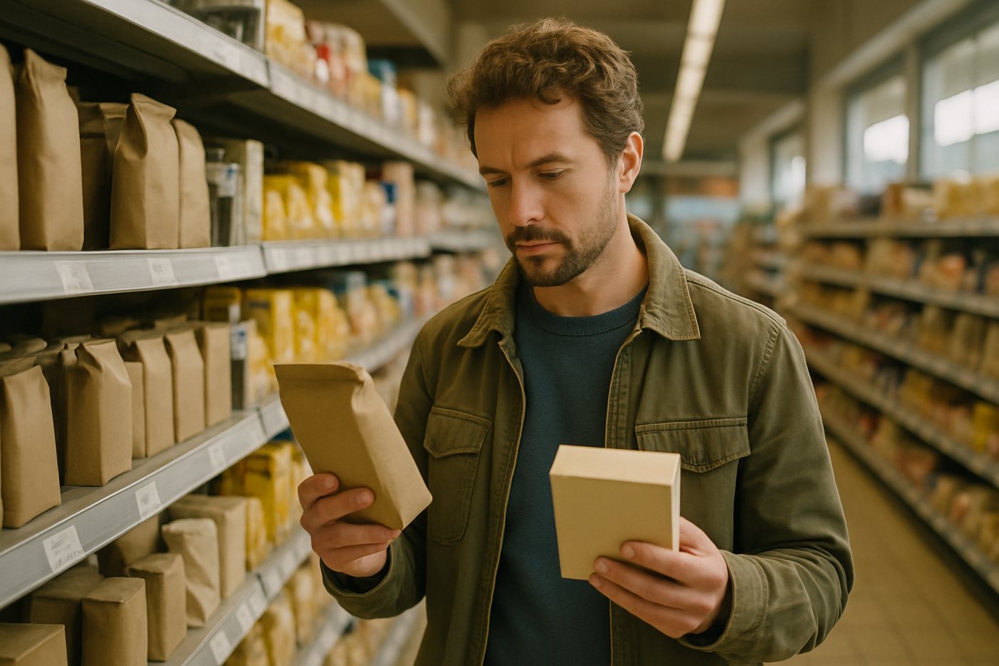 A shopper choosing between products on a supermarket shelf