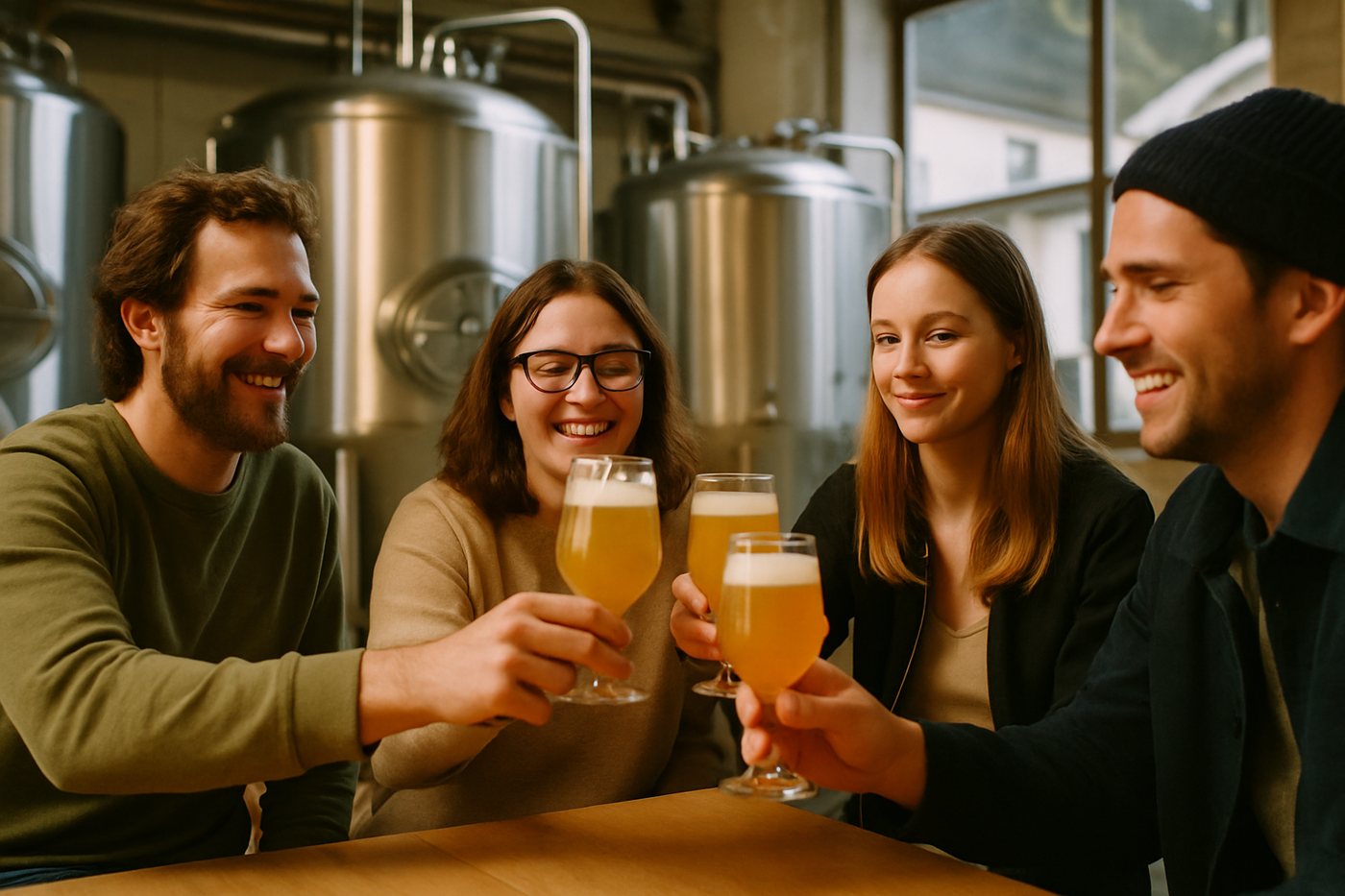 Friends tasting craft beer in a brewery taproom