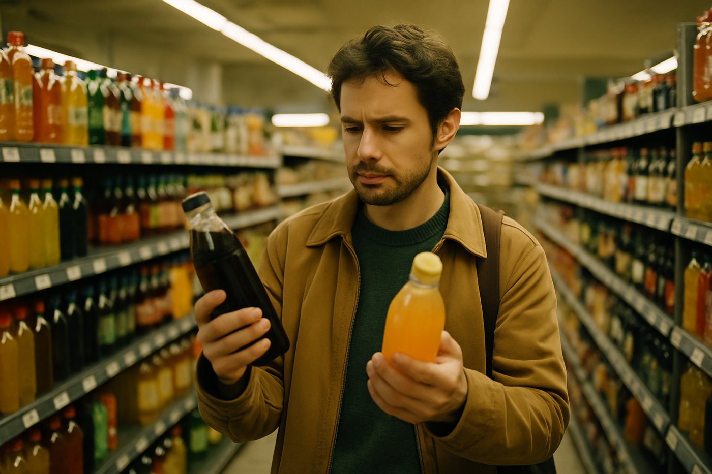 A shopper comparing two bottles in a drinks aisle