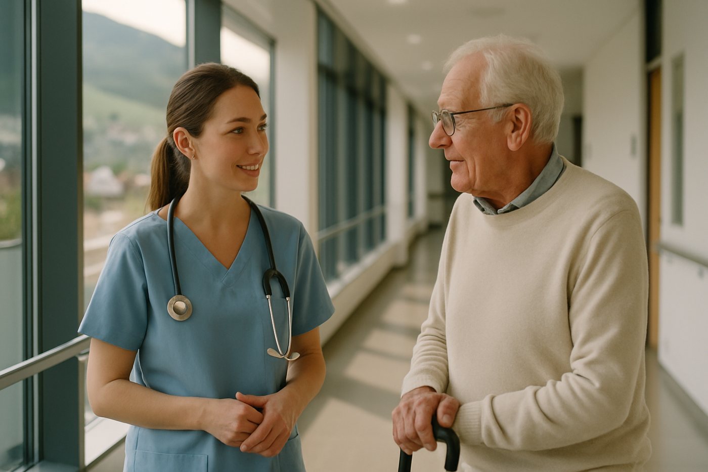 A nurse talking with an older patient in a hospital corridor