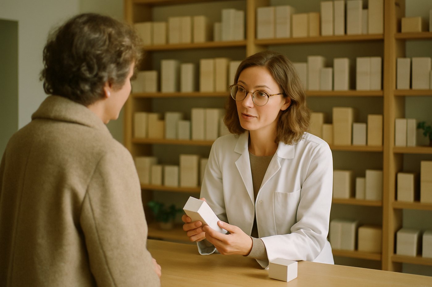 A pharmacist advising a customer at the counter