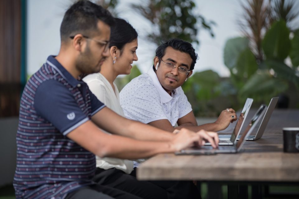 Young colleagues working on laptops together