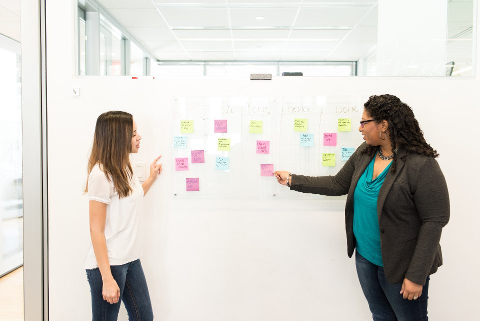Two colleagues reviewing notes on a glass wall