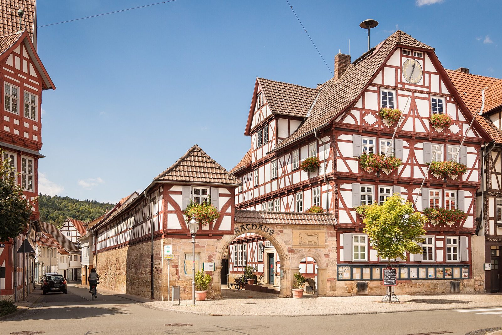 A town hall on a sunny town square