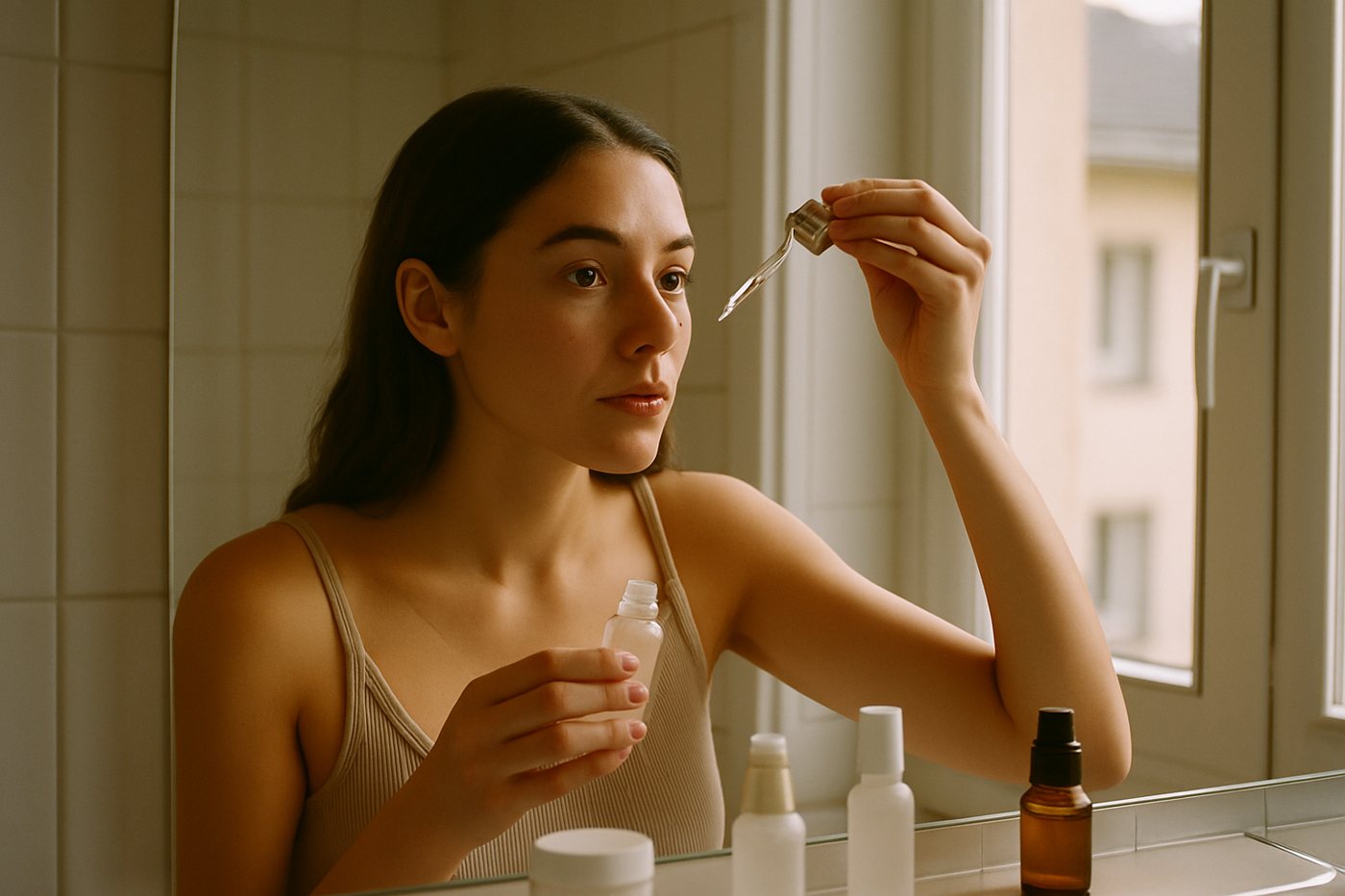 A woman applying serum in front of a bathroom mirror