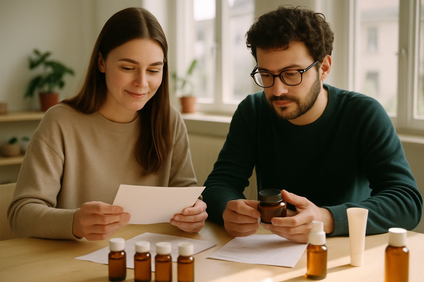 Founders of a small skincare brand reviewing product samples