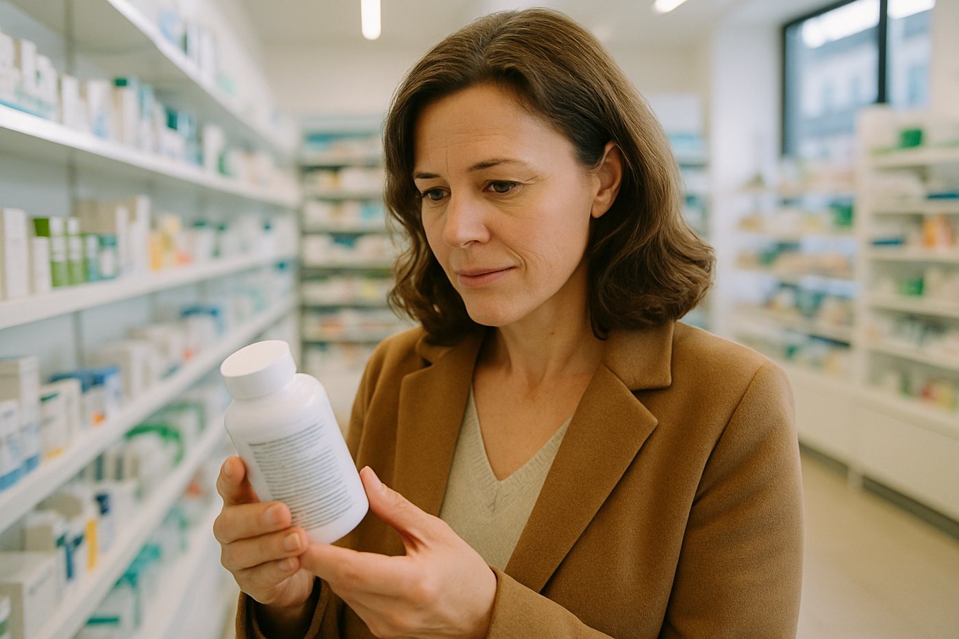 A shopper reading the label of a supplement bottle in a pharmacy