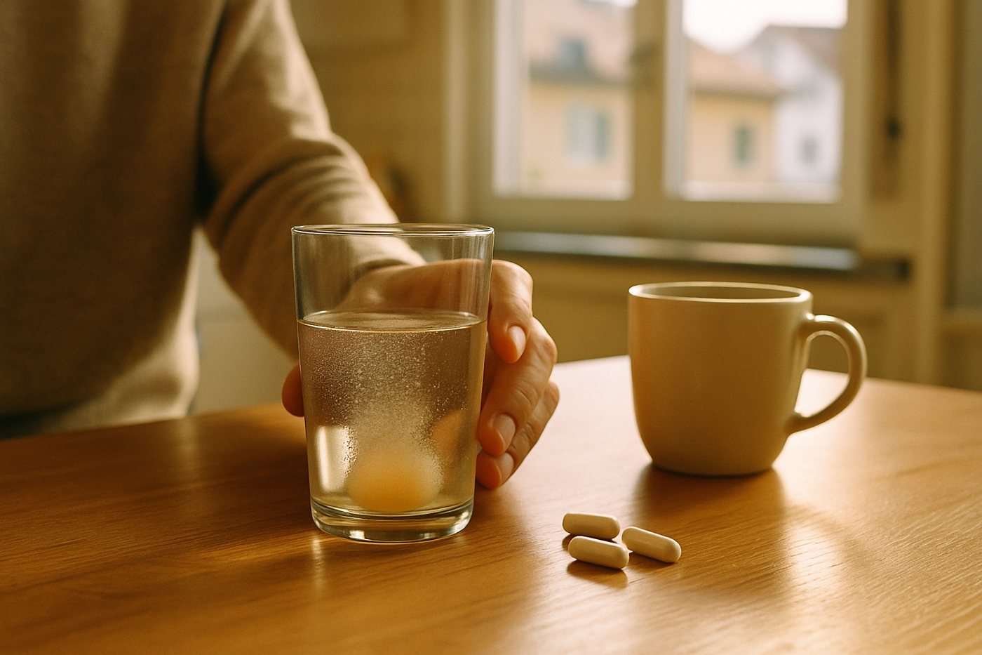 Morning routine with an effervescent tablet and capsules