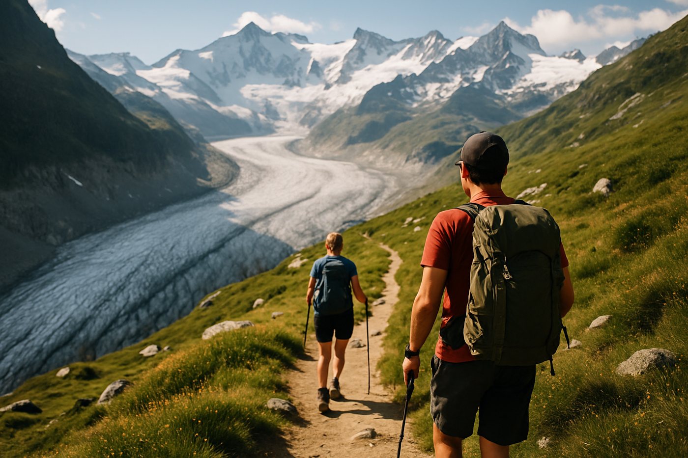 Hikers on an alpine trail with a glacier in the background
